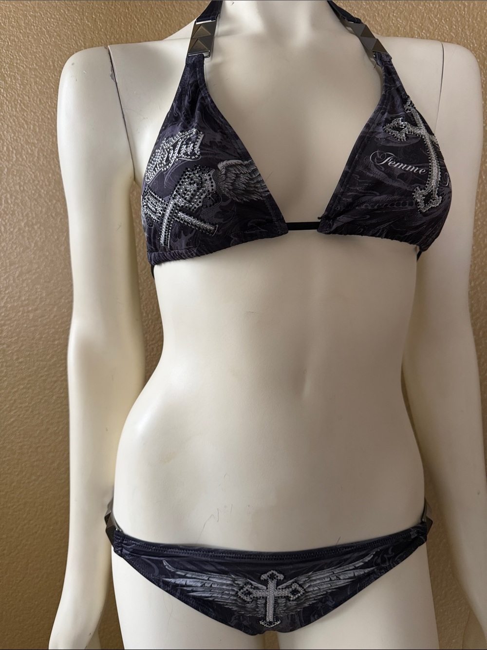 Sinful Black Bikini Bottom with Silver Wing and Script Graphic